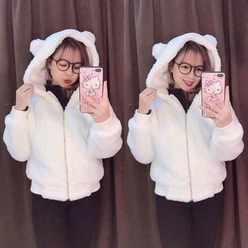 Áo khoác lông cừu mũ siêu to tai gấu mền mượt ấm áp bất chấp rét đại hàn