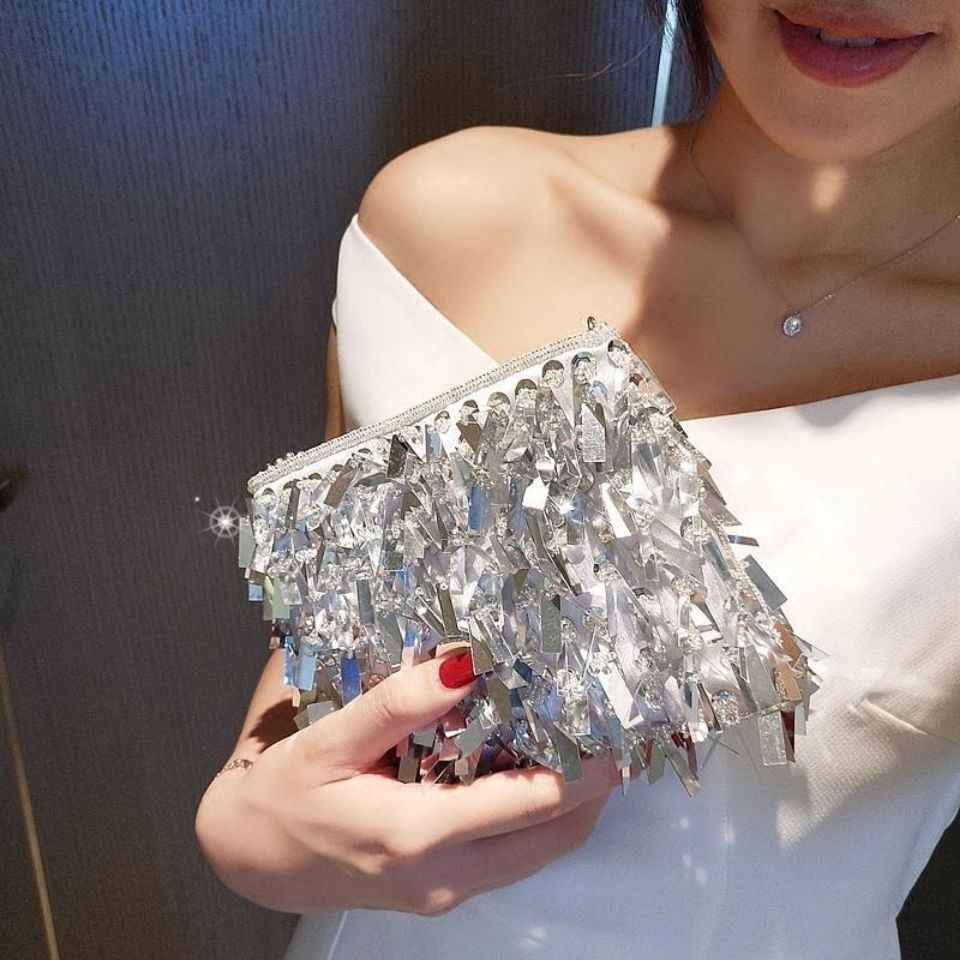 Túi Đeo Chéo Mini Đính Kim Sa Bạc Phối Tua Rua Phong Cách Retro Thời Trang Cho Nữ