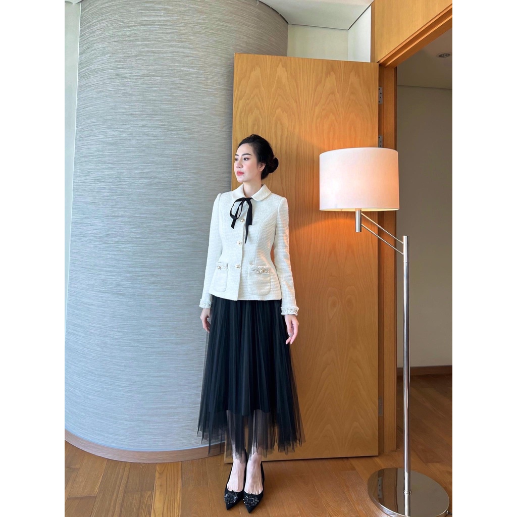 Áo dạ tweed ALENA Fashion áo khoác mùa đông nơ cổ phối chân váy xoè dáng dài tiểu thư đen phong cách Hàn Quốc trẻ trung