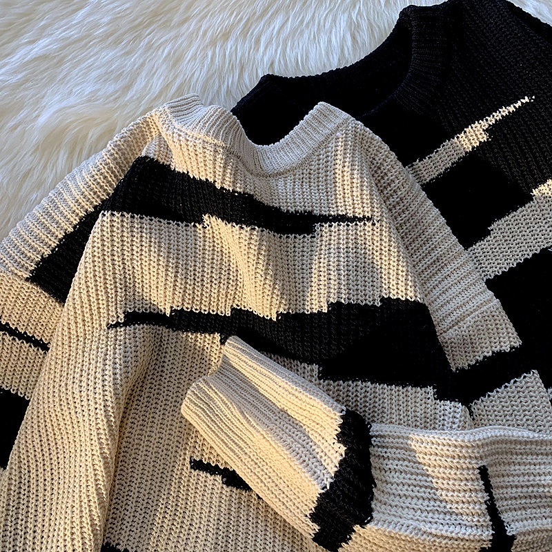 Áo sweater Dệt Kim Cổ Tròn Dáng Rộng Màu Sắc Tương Phản Thời Trang Mùa Đông Cho Nam