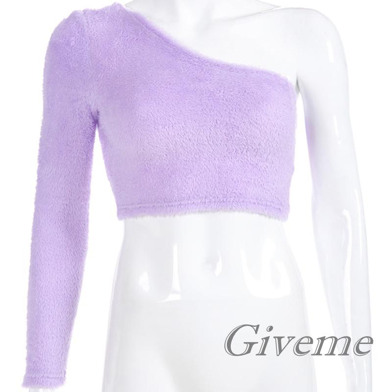 Áo Thun Crop Top Tay Dài Màu Trơn Lệch Vai Thời Trang Mùa Thu Cho Nữ