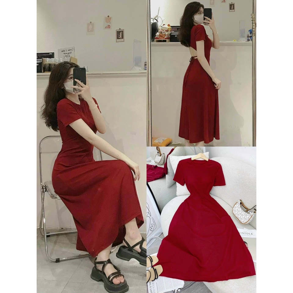 Đầm váy nữ dáng dài tay ngắn cổ tròn hở lưng áng xòe sang chảnh, tôn dáng thời trang nữ cho nàng dự tiệc siêu xinh