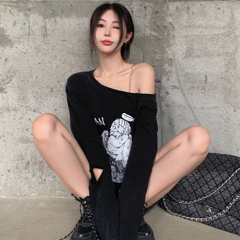 IELGYÁo Thun Nữ Dài Tay Lệch Vai In Họa Tiết Màu Đen Thời Trang