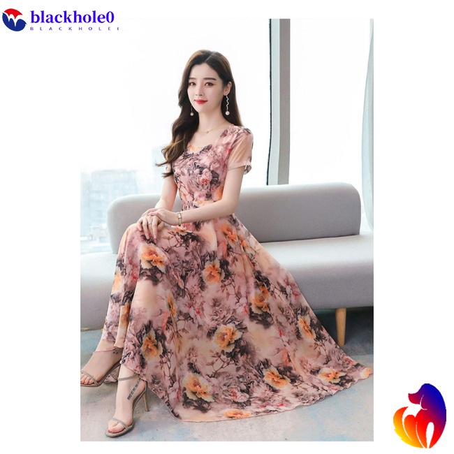 Đầm Dài Qua Gối Tay Ngắn In Họa Tiết Hoa Ngọt Ngào Lãng Mạn Cho Nữ