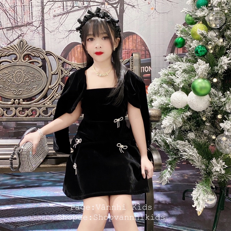 Set Váy Nhung Đính Đá Nơ Cho Bé 16kg-41kg