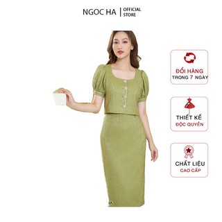 Set gấm áo croptop chân váy bút chì màu xanh ngọc hà design bj058