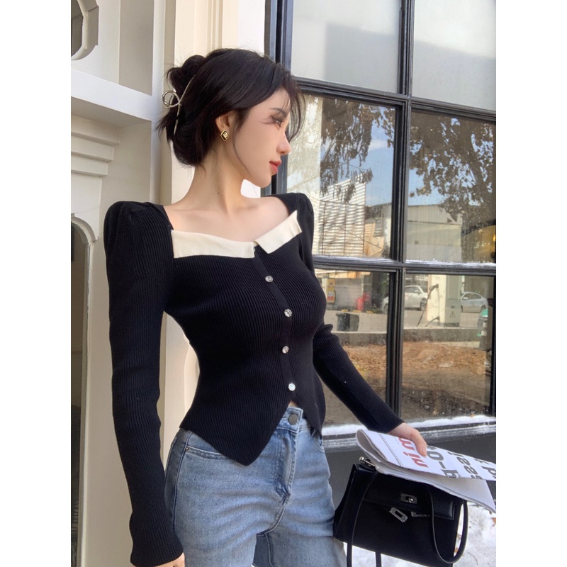 ZHELIHANGFEI Áo Sweater Dài Tay Lưng Cao Phong Cách Pháp Quyến Rũ