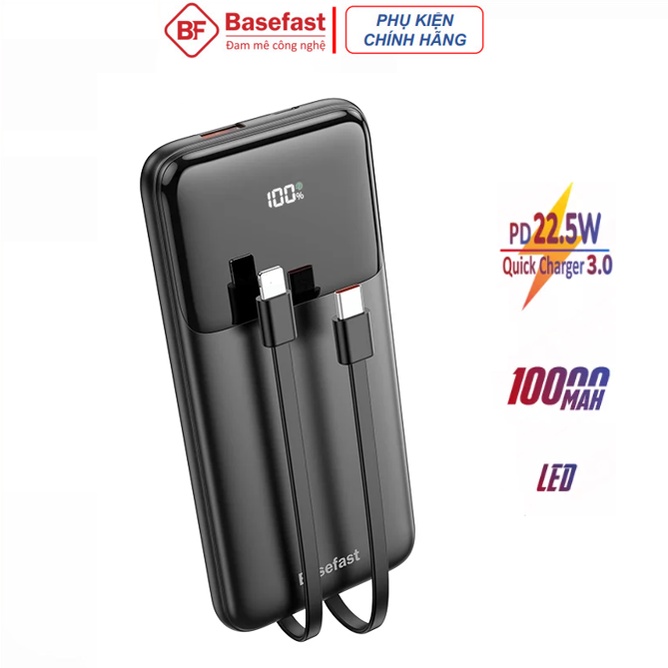 Pin Dự Phòng Sạc Nhanh 22.5w Chính Hãng Basefast SD30 Kèm 2 Cáp Sạc iP Và TypeC Có Màn Kỹ Thuật Số LED