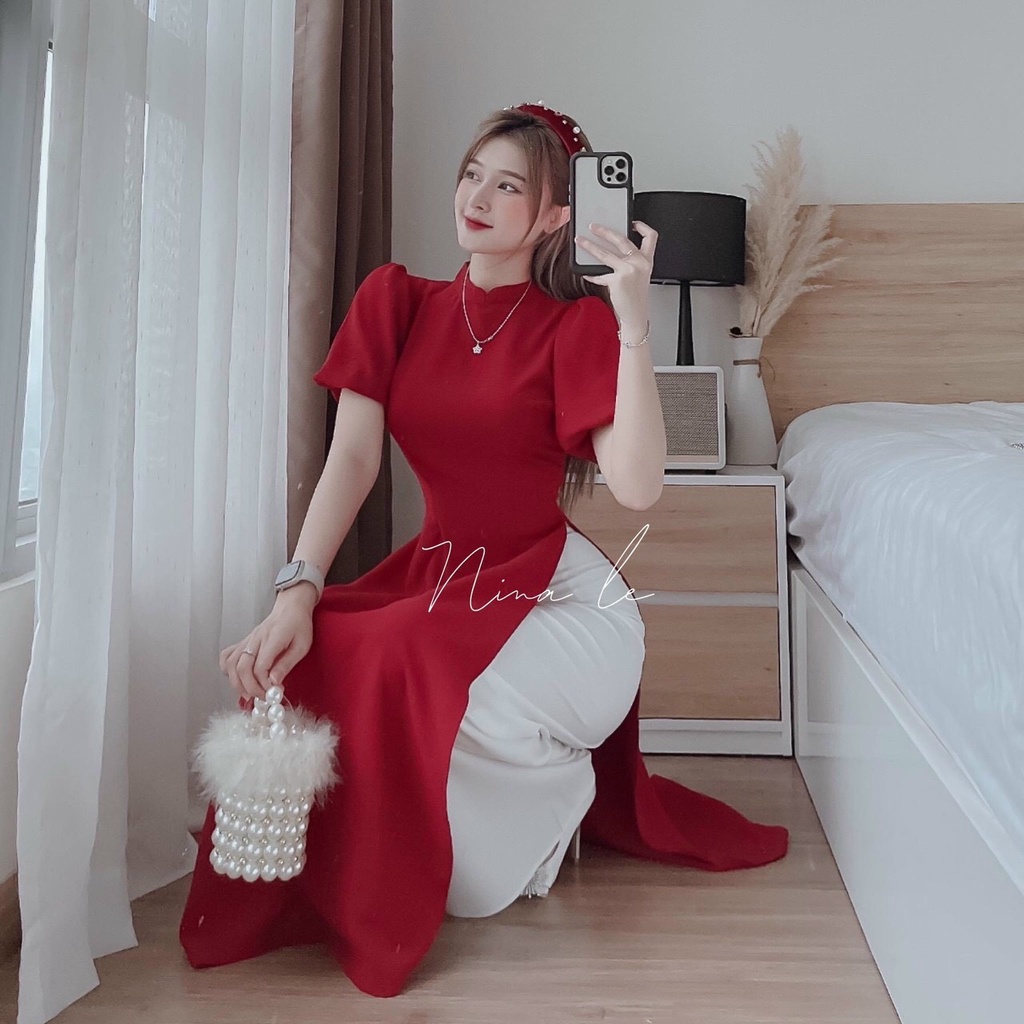 Set áo dài cách tân nữ, Set áo dài màu đỏ tay bồng phối quần dài lụa trắng diện Tết xinh đẹp dx