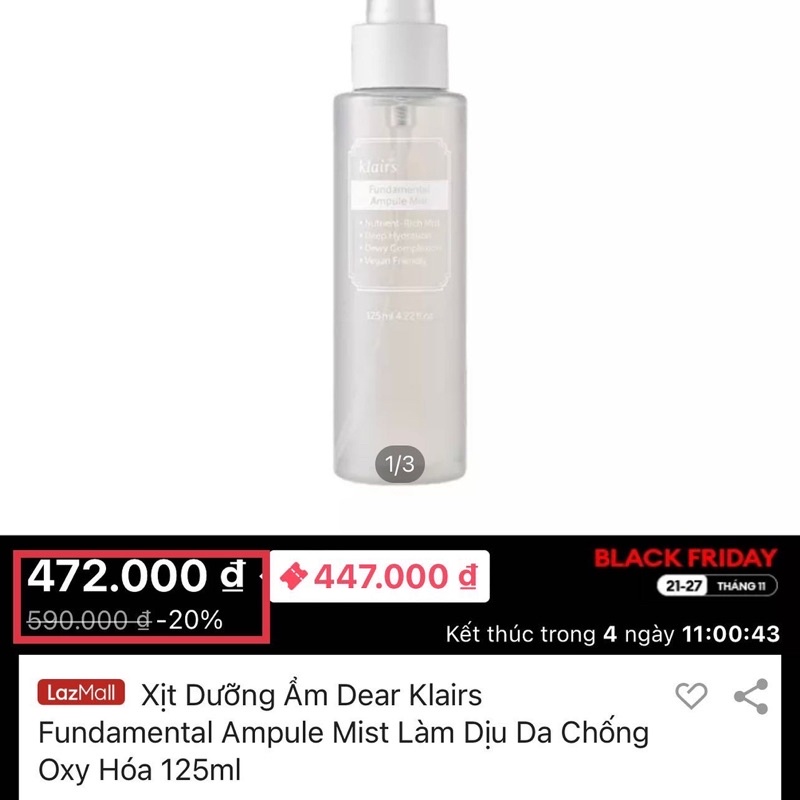 Xịt khoáng nuôi dưỡng làn da căng sáng bóng Klairs Fundamental Ampule Mist