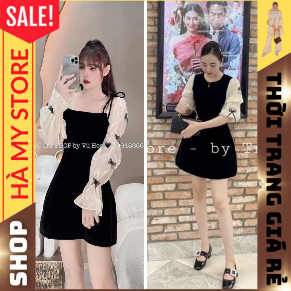 Đầm nhung, váy nhung tay bồng đính nơ đen, ôm eo, dáng chữ A form xinh lên chuẩn mẫu, hàng QCCC đẹp - Store Hà My.