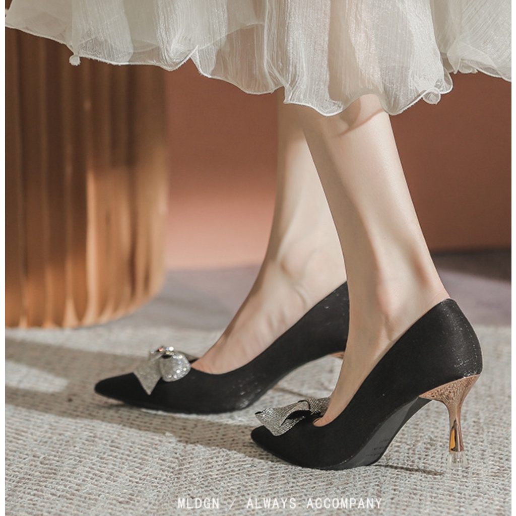 Giày Nữ Cao Cấp , Giày Cao Gót Nữ Mũi Nhọn, Charm Nơ Cao 6p Charm Cao Cấp, Kiểu Dáng Trẻ trung- DA768