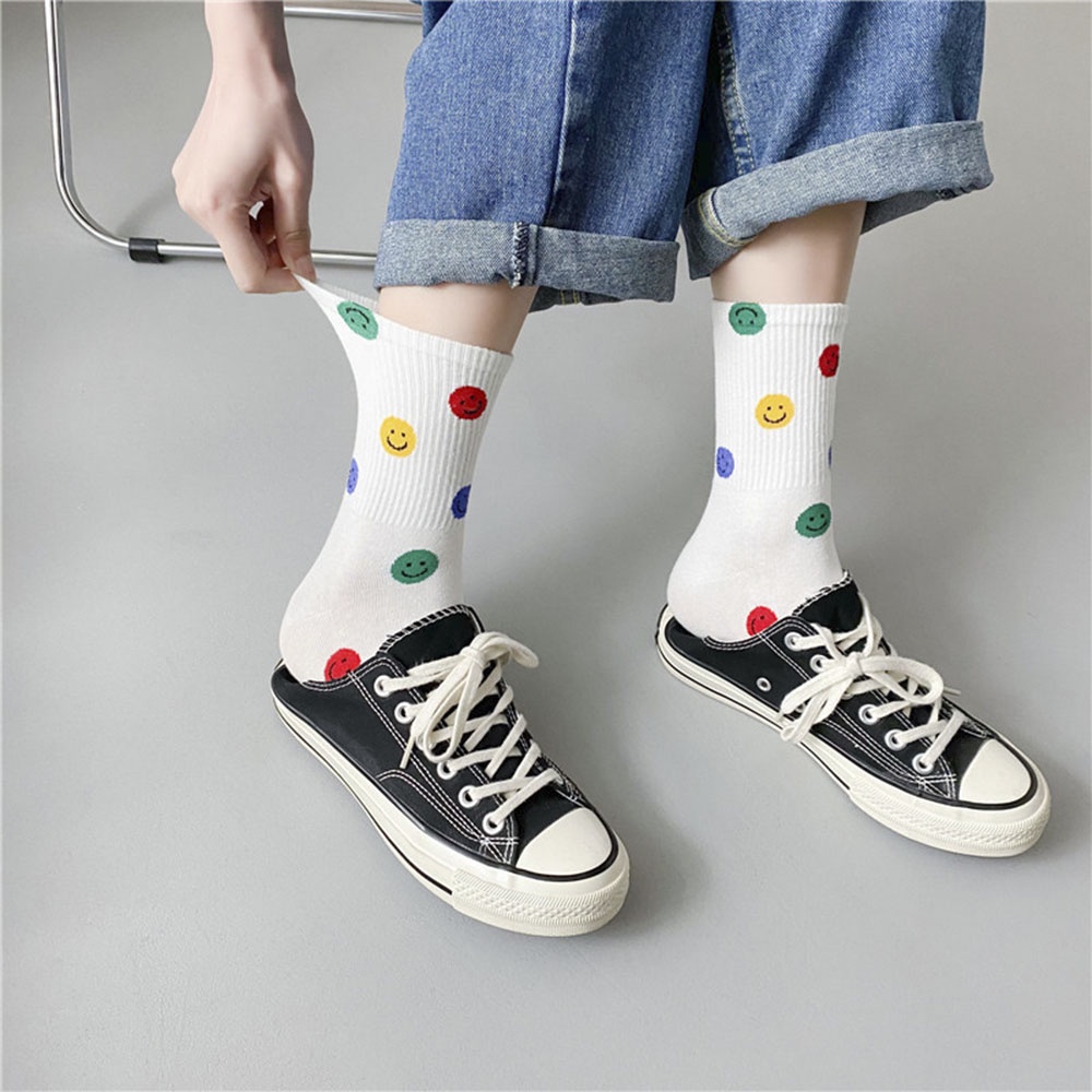 Vớ cotton Cổ Trung Họa Tiết Cầu Vồng Mặt Cười Dễ Thương Thời Trang Thu Đông Phong Cách Hàn Quốc Cho Nữ