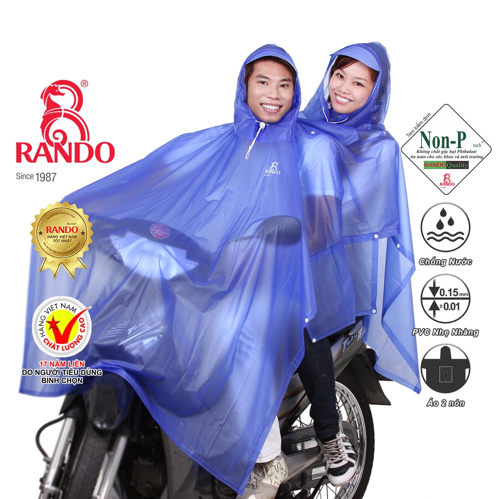 Áo Mưa 2 Đầu Trong Màu Thời Trang, Chính Hãng RANDO, Nhựa PVC Siêu Nhẹ Không Thấm Nước