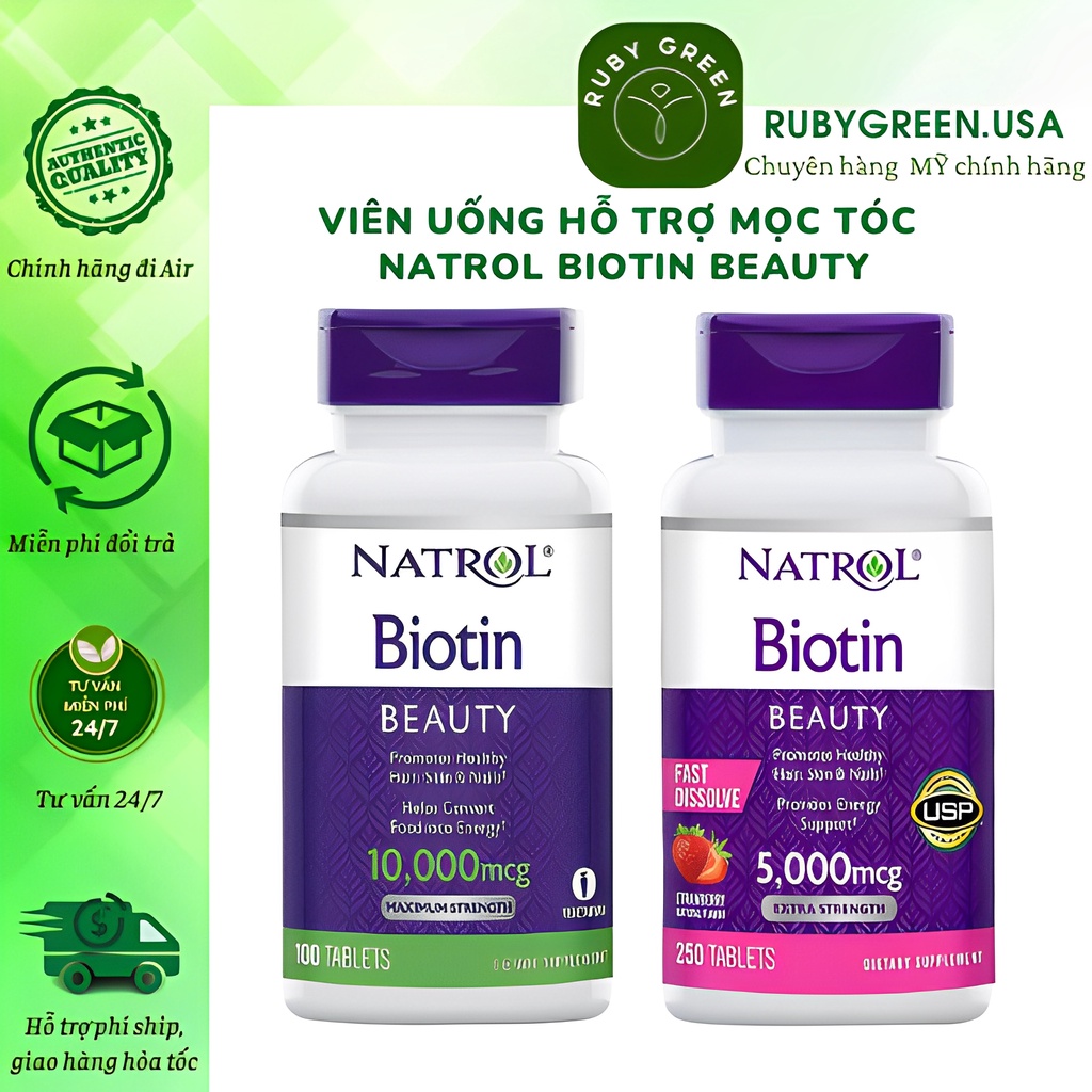 Viên uống Natrol Biotin 10000mcg, USA 250 viên hỗ trợ mọc tóc, giúp móng khỏe cho người trên 12 tuổi