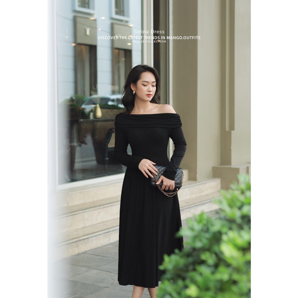 Váy Midi dáng dài trễ vai thiết kế, chất liệu len tăm - 𝐒𝐞𝐥𝐢𝐧𝐚 𝐃𝐫𝐞𝐬𝐬