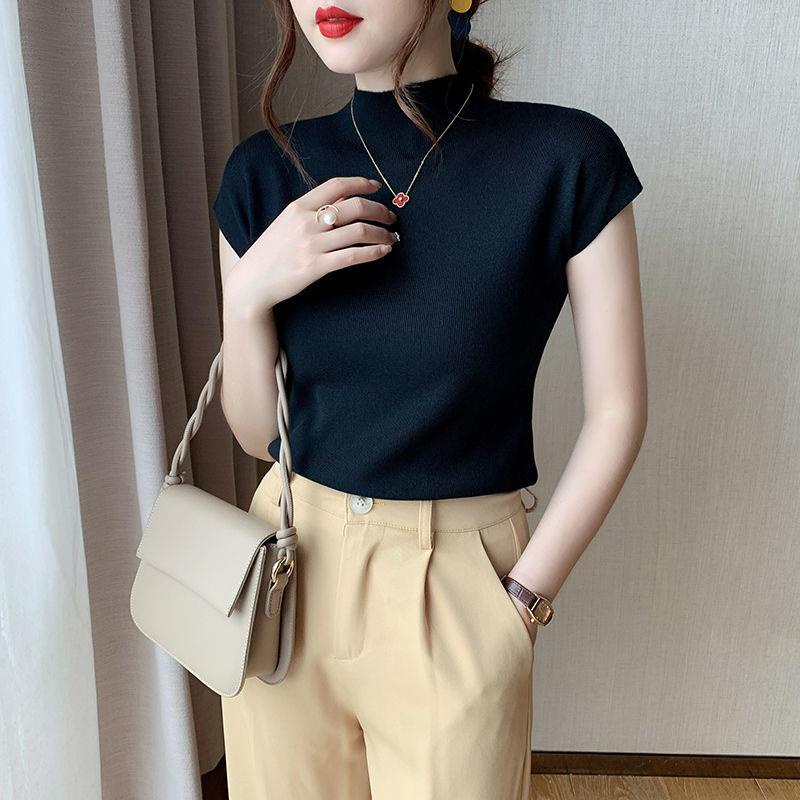 Áo sweater Dệt Kim Tay Ngắn Cổ Cao Màu Đen Thời Trang Mùa Thu 2022 Cho Nữ