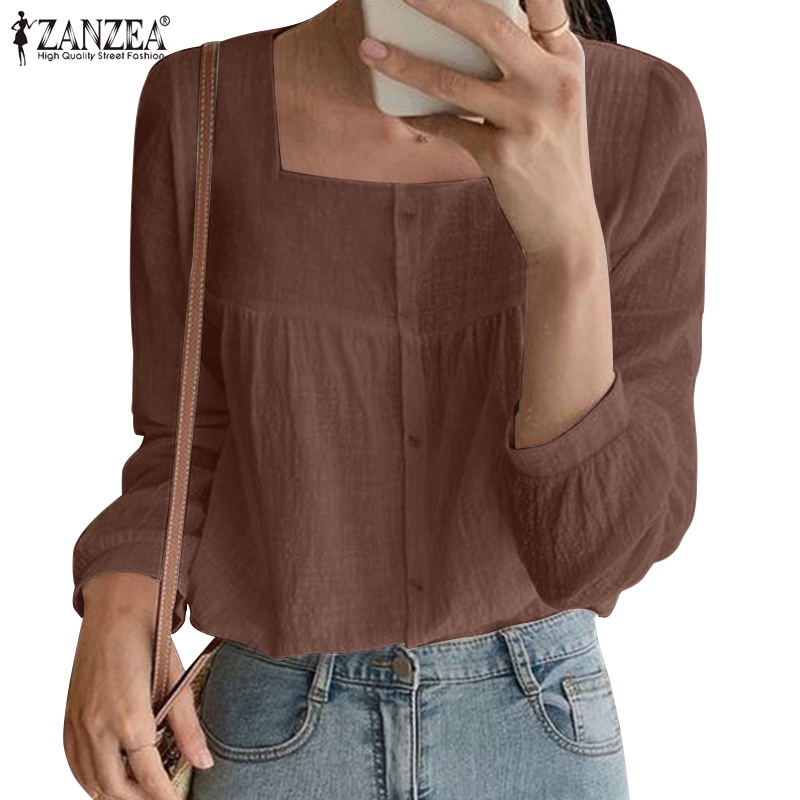 Áo sơ mi ZANZEA tay dài cổ vuông thời trang dành cho nữ
