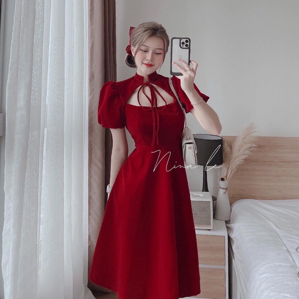 VÁY đầm  NHUNG ĐỎ maxi CỔ TÀU CUTOUT NGỰC xếp ly dáng dài tay ngắn bồng sexy tiểu thư sang chảnh đi chơi noel mặc tết