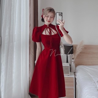 VÁY đầm  NHUNG ĐỎ maxi CỔ TÀU CUTOUT NGỰC xếp ly dáng dài tay ngắn bồng sexy tiểu thư sang chảnh đi chơi noel mặc tết