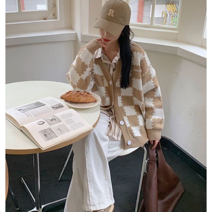 Áo khoác Cardigan Kẻ Caro Vuông Bigsize Cá Tính Phong Cách Hàn Quốc E-11