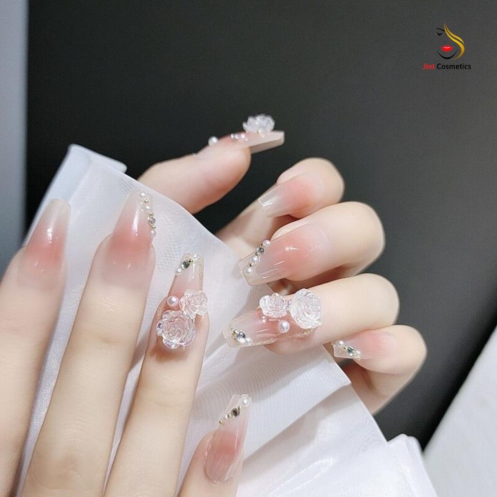 Set 24 móng giả hạt ngọc đính hoa hồng tặng kèm keo dũa nail box A19 - nail Jint