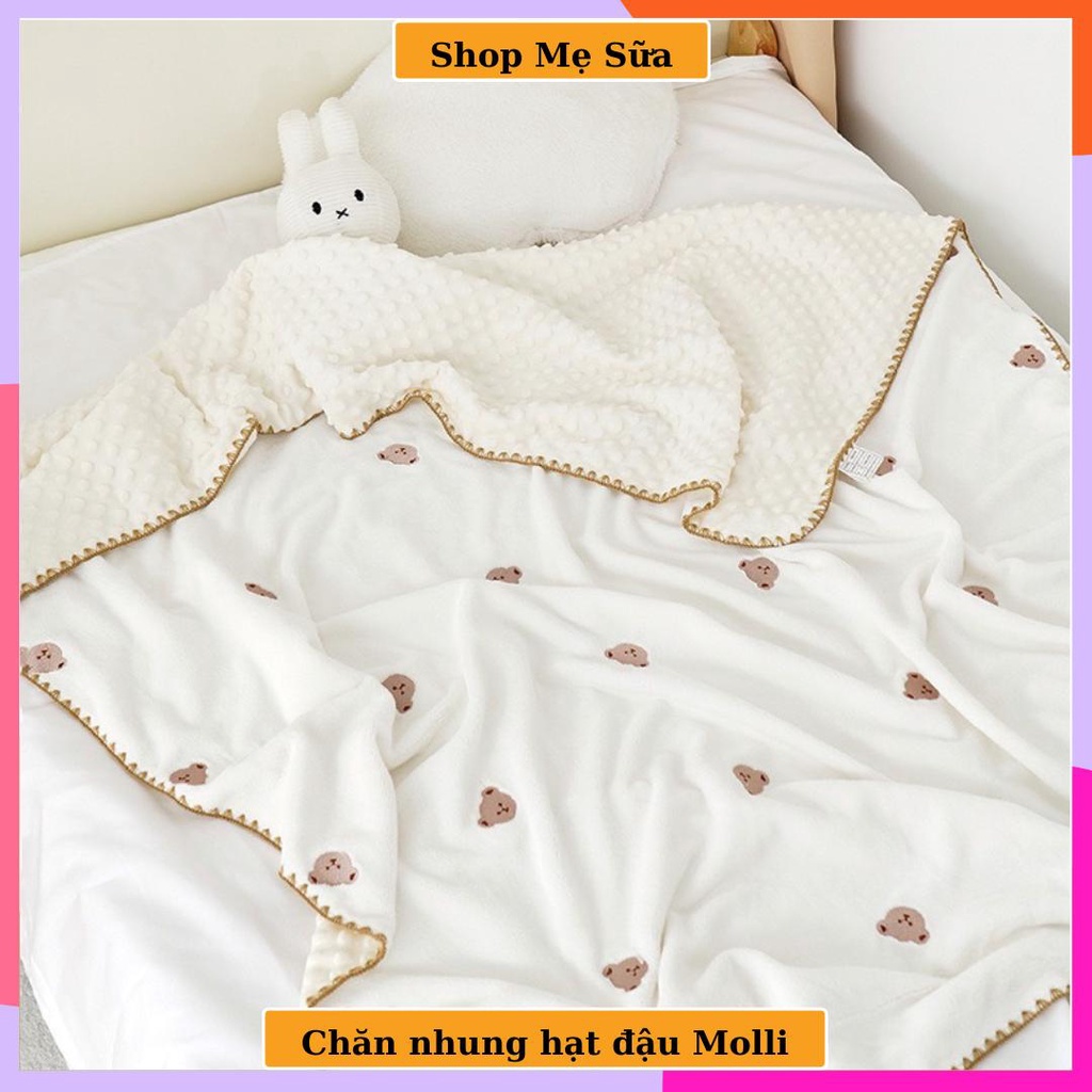 Chăn nhung hạt đậu MOLLI - Chăn nhung bốn mùa thêu hình dễ thương, siêu mềm mịn cho bé đi học.