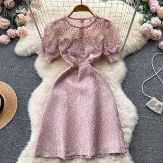[Order] Đầm tay ngắn cổ tròn có lót trong chiết eo ren hồng cao cấp