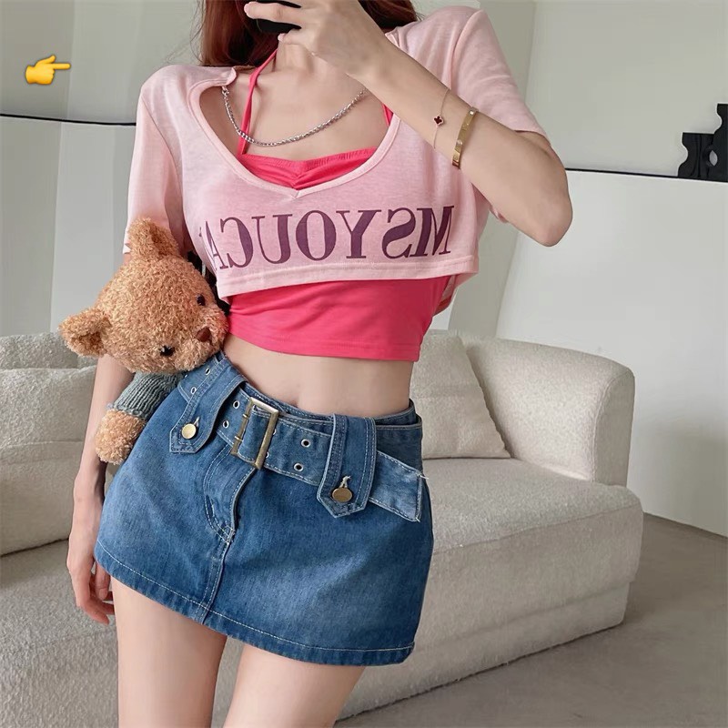 Áo kiểu yếm nữ dáng ngắn trong mix áo thun ngoài in chữ tay ngắn chất thun mềm xinh xắn