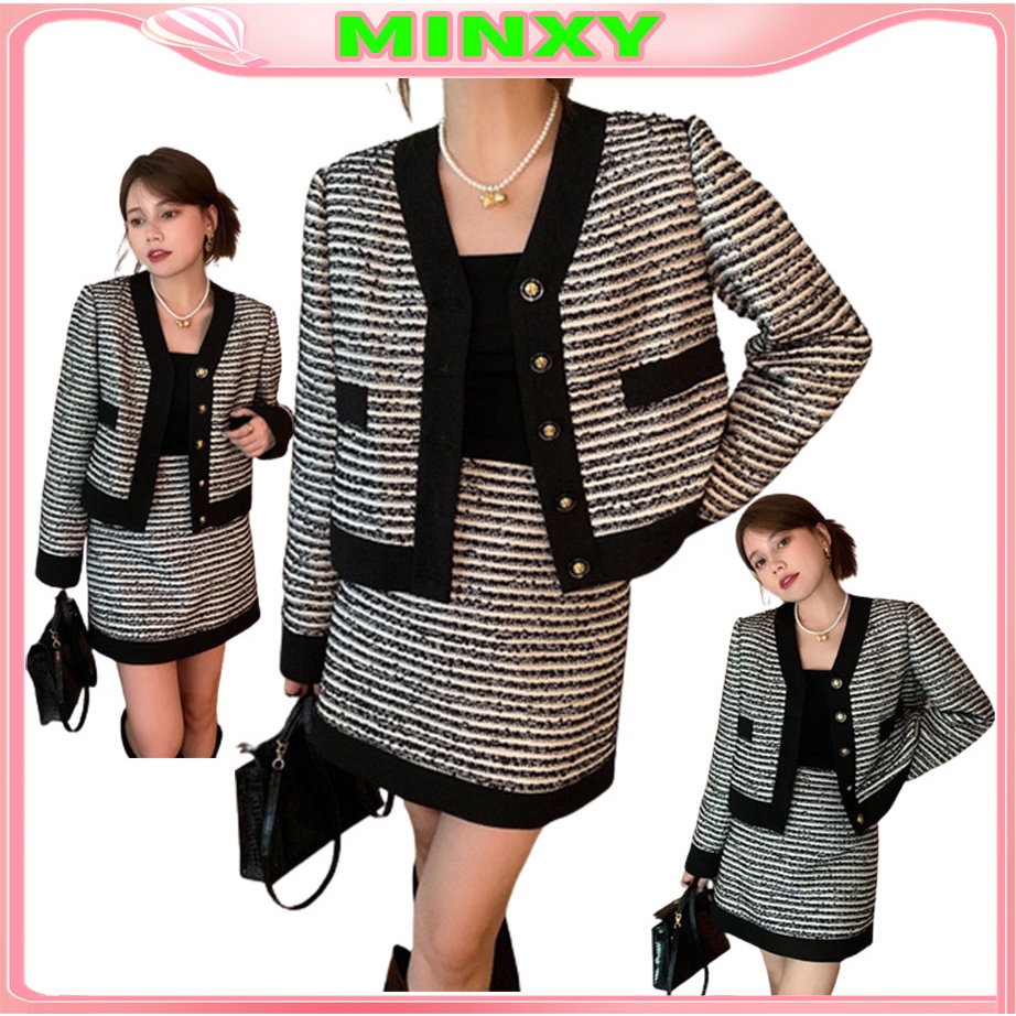 Set áo khoác dạ croptop 2 lớp kèm chân váy chữ A hàng quảng châu loại đep ulzzang-Minxy shop