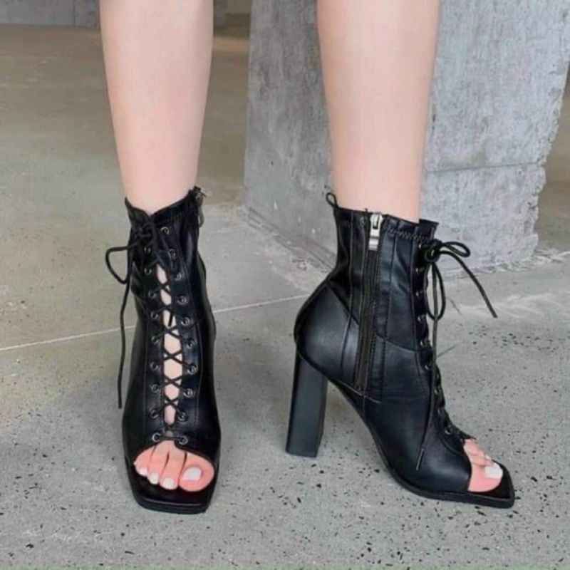 Bốt buộc dây cao gót KANS&KAI Boss da lì mũi vuông đế vuông cao 9cm MsH66-1
