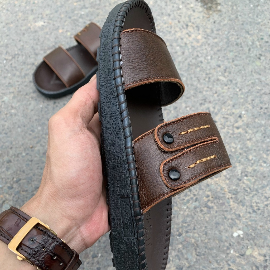Dép da nam sandal da bò may đế màu nâu