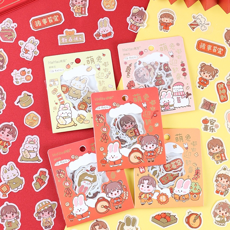 Bộ 45 Miếng Dán Trang Trí Sổ Tay Hình Thỏ Hoạt Hình Màu Đồng DIY