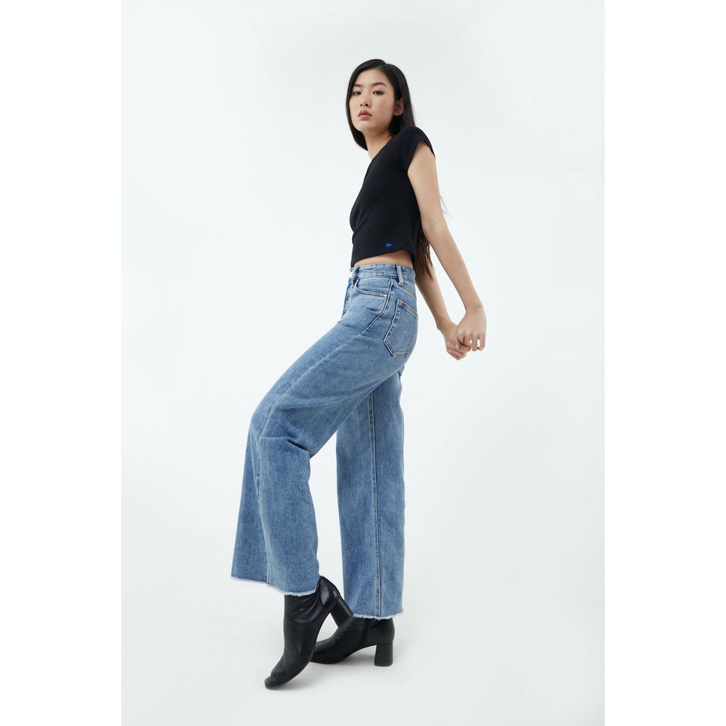 TheBlueTshirt - Quần Jeans Nữ Ống Loe Màu Xanh Đậm - City Wide Leg Jeans - Vintage Wash