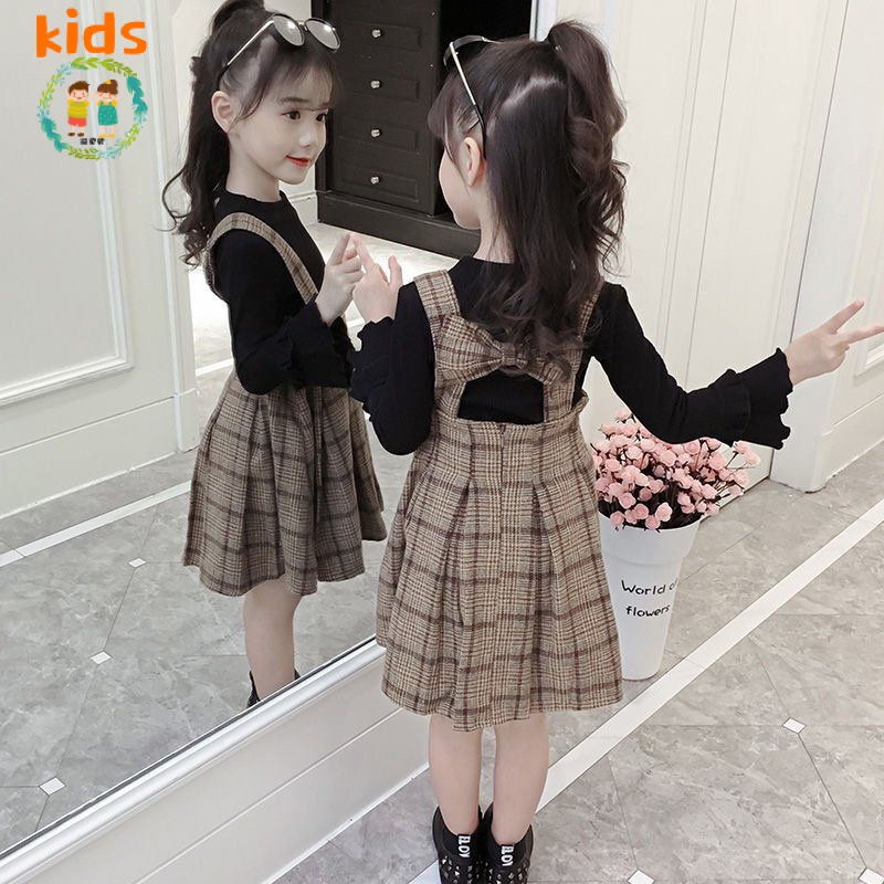 Bộ Áo Sơ Mi + Váy Yếm Len Thời Trang Xuân Thu Hàn Quốc Mới Cho Bé Gái 3-5 - 8-10 - 12-13 Tuổi
