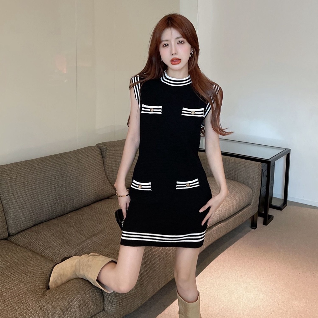 Đầm Chữ a Dệt Kim Sát Nách Màu Đen Tương Phản Thời Trang Mùa Hè Cho Nữ