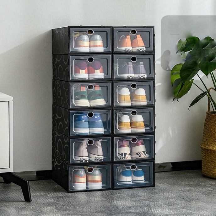 Combo 10 Hộp Đựng Giày Dép Màu Đen Cá Tính, Tủ Lắp Ráp Bảo Quản Giày Nắp Nhựa Cứng