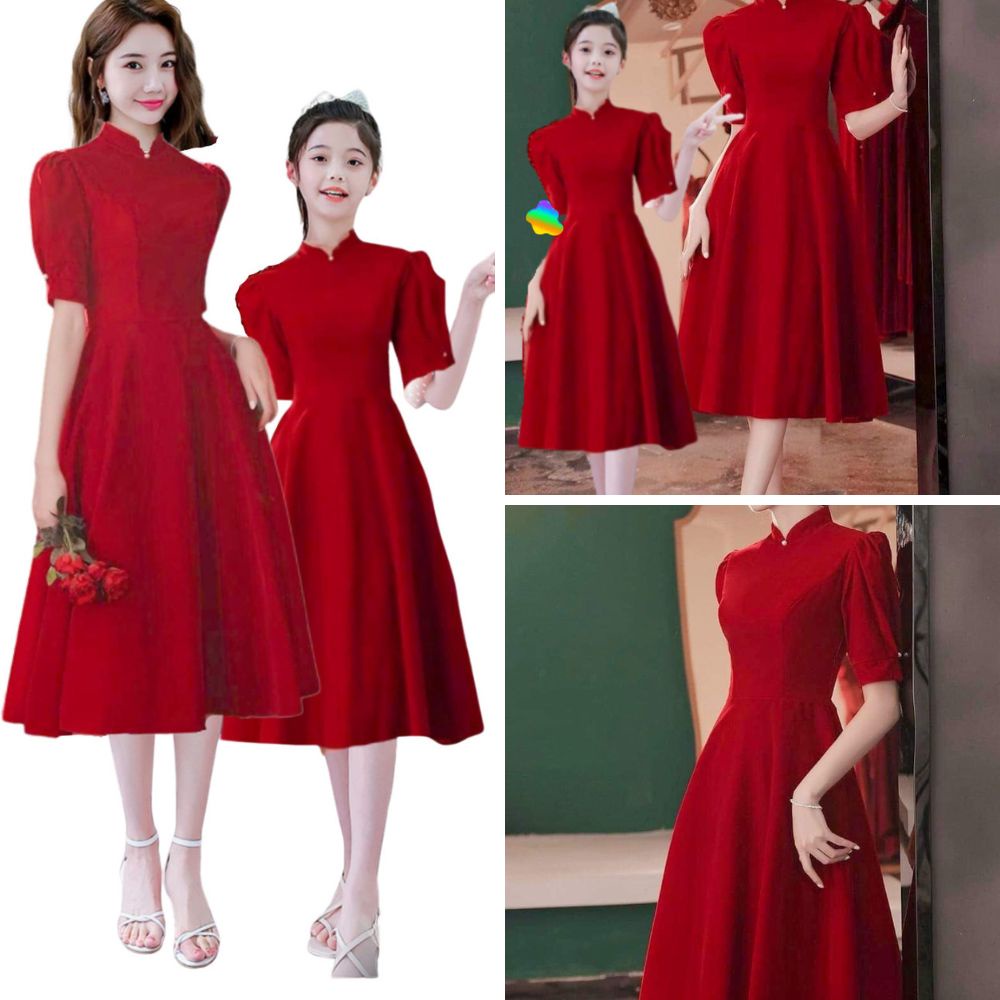 Váy đôi mẹ và bé gái cổ tàu mang tết cho hai mẹ con( váy tết mẹ và bé chất thun mango 2 lớp)