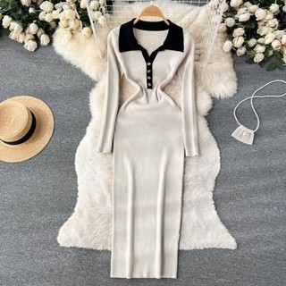 Đầm len body cổ đức phối màu