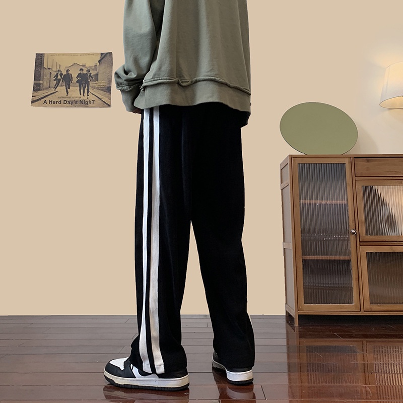 Quần dài ông rộng chất nhung tâm thu đông cao cấp  2 sọc viền from unisex nam nữ. Hình Thật thể thao.