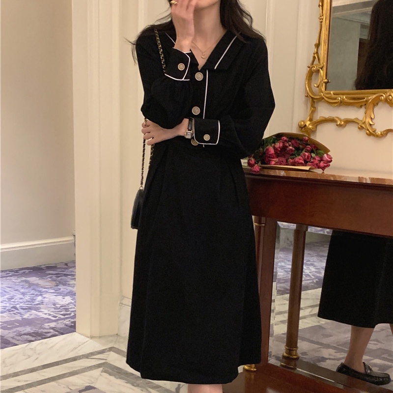 Đầm SUXI dáng chữ A cổ bẻ màu sắc vintage thời trang mùa thu phong cách Hàn Quốc