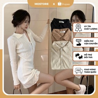 Váy len tăm dài tay cài cúc váy len tăm body 3 màu