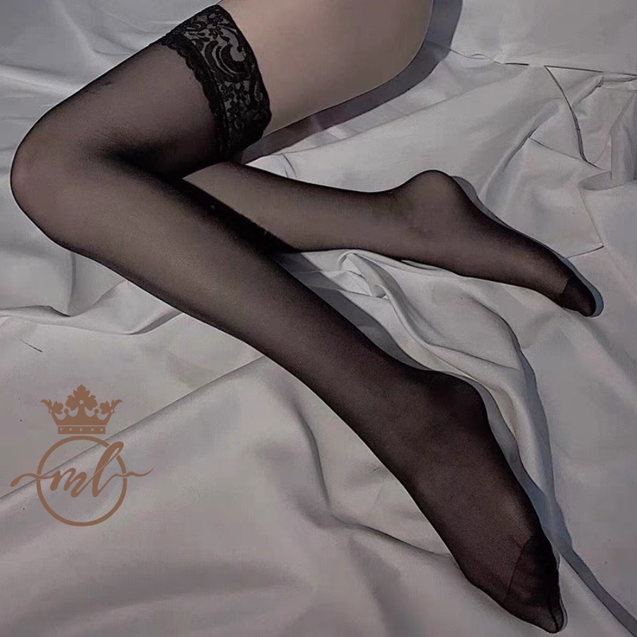 Tất đùi, vớ đùi trơn, lưới viền ren Mallyn phối đồ sexy màu đen siêu quyến rũ