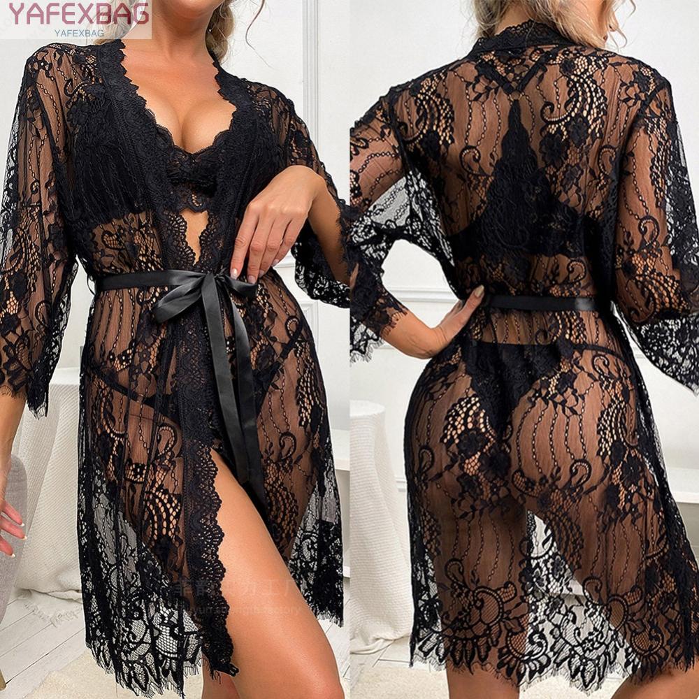 Sexy Long Lingerie Sleepwear Women Lace Robe Nightwear Pajamas See Through Fast delivery