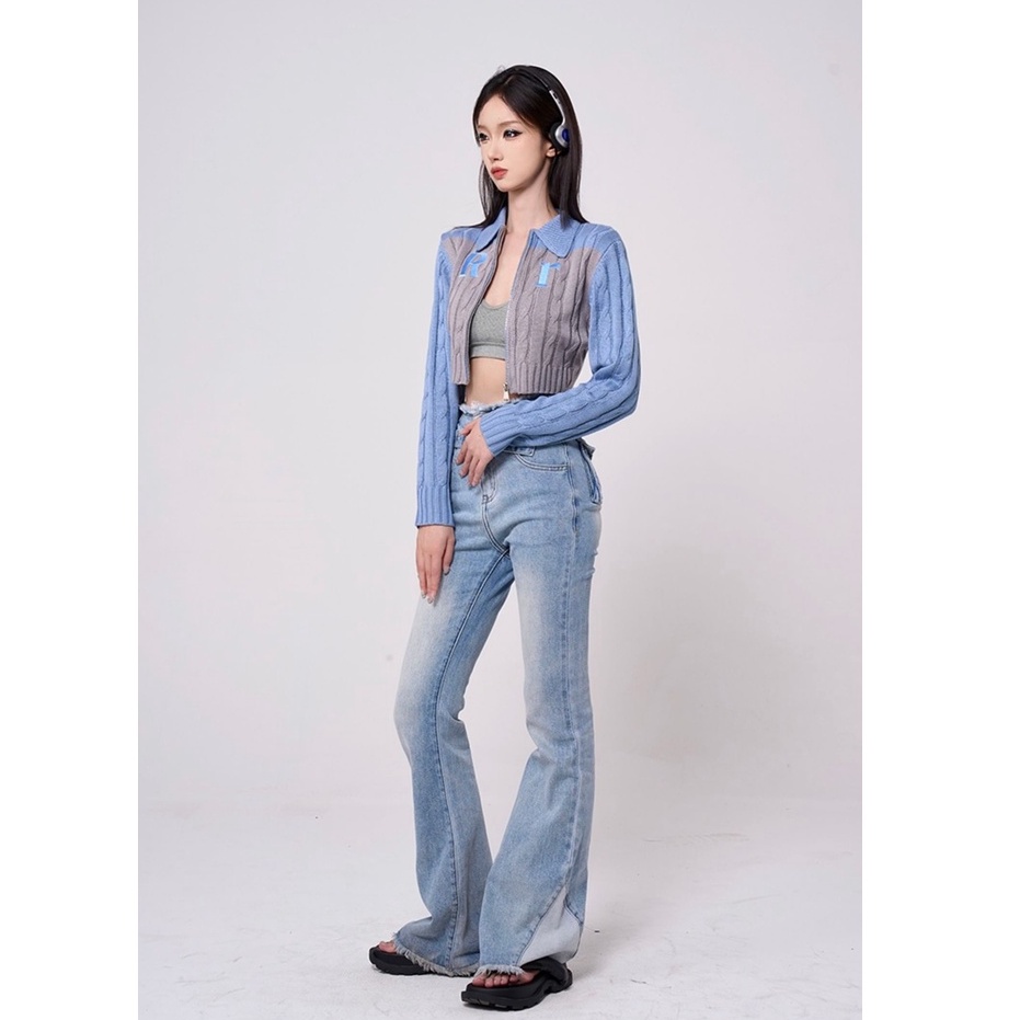 Áo khoác ZHELIHANGFEI tay dài cổ POLO có khóa kéo thời trang phong cách cho nữ