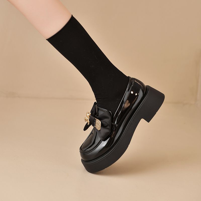 Giày Lười Da Đế Dày Đính Nơ Phong Cách Nhật Bản Thời Trang Thu Đông