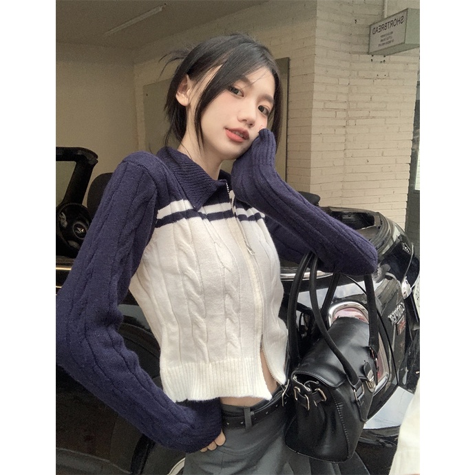 Porozi  Áo cardigan  dáng ngắn dệt kim tay dài có khóa kéo phong cách Hàn Quốc thời trang dành cho nữ