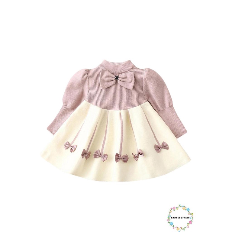 Đầm Chữ A Tay Dài Cổ Tròn Phối Nơ Thời Trang Mùa Thu Cho Bé Gái