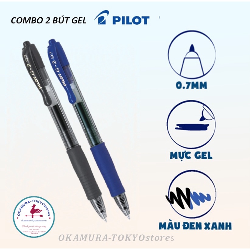 Combo 2 bút mực gel g2 mực đen xanh, Pilot, viết êm đầu bút bi siêu bền, ngòi 0.7mm
