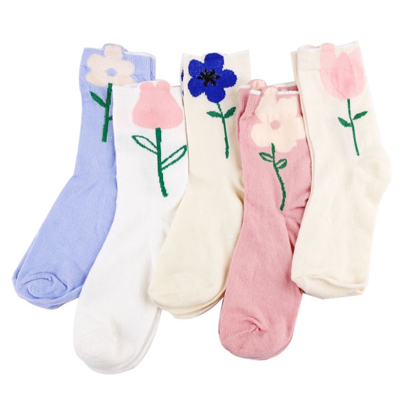 Vớ Cổ Trung Thoáng Khí In Họa Tiết Hoa Tulip Màu Sắc Ngọt Ngào Thời Trang Xuân Thu Cho Nữ